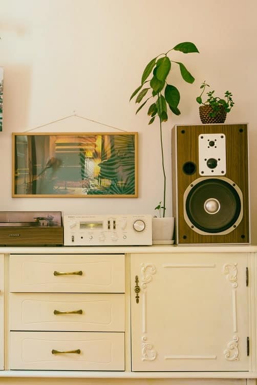 Cabinet set-up with music equipment and avocado treelet in white planter.